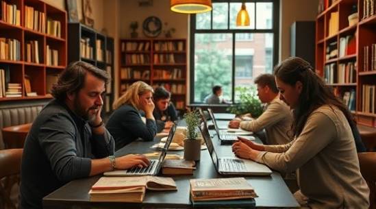 dynamic connections, inspired, weaving narratives, photorealistic, cozy cafe with books and laptops, highly detailed, intellectual synergy, fine detail, earthy colors, soft ambient light, shot with a 35mm lens.
