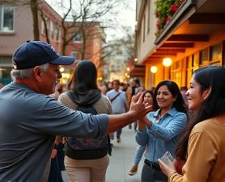 dynamic communities, welcoming, forming bonds, photorealistic, vibrant neighborhood scene with public art, highly detailed, shared experiences, crisp focus, vivid colors, evening light, shot with a telephoto lens.