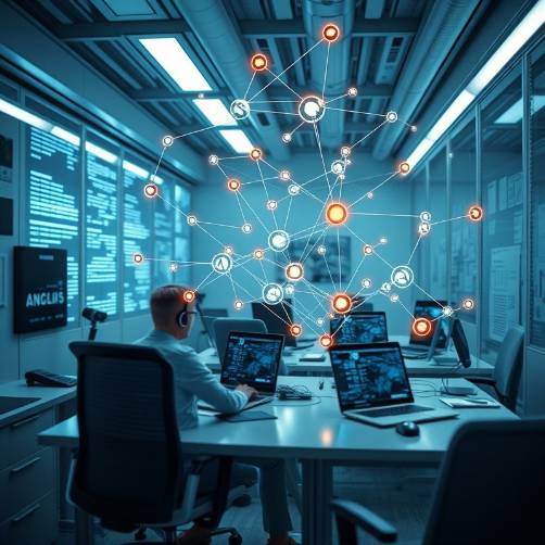 Photorealistic small futuristic office showcasing dynamic connections and bright colors.