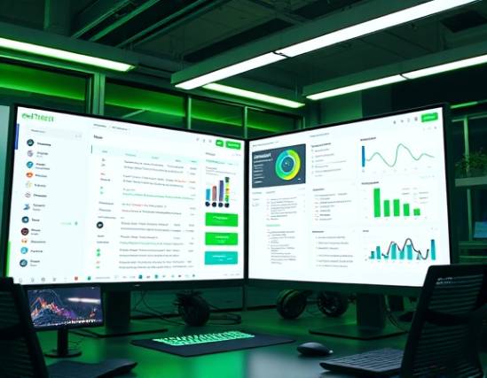 innovative email software, efficient and responsive, improving communication, photorealistic, tech-driven workspace with large monitors, highly detailed, flowcharts and analytics displayed, high resolution, green and grey color palette, artificial LED lighting, shot with a wide-angle lens.