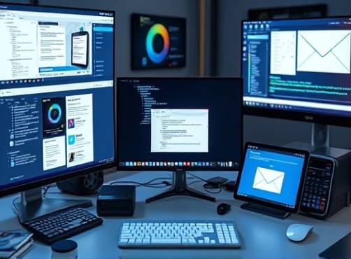 cutting-edge email tools, user-friendly interface, simplifying tasks, photorealistic, digital hub with various gadgets, highly detailed, software interfaces visible on multiple displays, ultra-clear definition, vibrant colors, controlled studio lighting, shot with a macro lens.