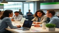 versatile email software, adaptable solutions, resolving issues, photorealistic, coworking space with diverse teams, highly detailed, flow of ideas visible, pinpoint sharpness, multicolor accents, low natural lighting, shot with a 24mm lens.