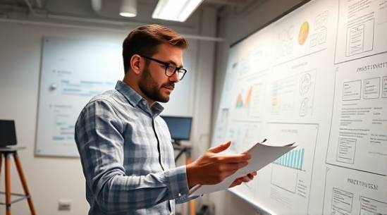 visionary CMO planning, thoughtful, mapping out a project, photorealistic, creative workspace filled with whiteboards, highly detailed, interactive digital interfaces, crisp lines, pastel shades, soft overhead lighting, shot with a 24mm lens.