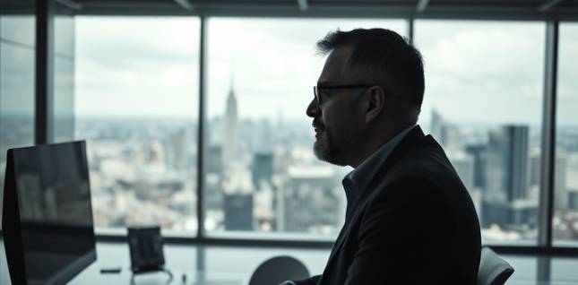 insightful CMO insight, reflective, analyzing market trends, photorealistic, minimalist office with a panoramic city view, highly detailed, animated data projections, vivid contrasts, monochrome palette, directional lighting, shot with a 85mm lens.