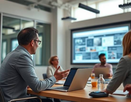 proactive CMO strategy, engaging, orchestrating a campaign, photorealistic, tech-savvy boardroom, highly detailed, interactive presentations, smooth textures, bright tones, daylight flooding in, shot with a 50mm lens.