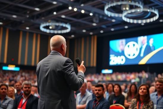 charismatic CMO leadership, inspiring, addressing a conference, photorealistic, grand conference hall with high tech facilities, highly detailed, live audience engagement, vibrant saturation, natural colors, spotlight lighting, shot with a 85mm lens.