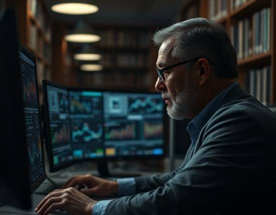 analytical CMO insight, discerning, deep in research, photorealistic, library setting with multiple monitors, highly detailed, data visualization graphics, muted tones, deep shadows, dim study lamps, shot with a 35mm lens.