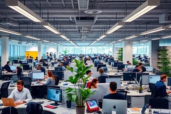 agile CMO growth, tactical, adapting to market shifts, photorealistic, bustling open office, highly detailed, interconnected workspaces, sharp definition, bright colors, cool fluorescent lights, shot with a 70mm lens.