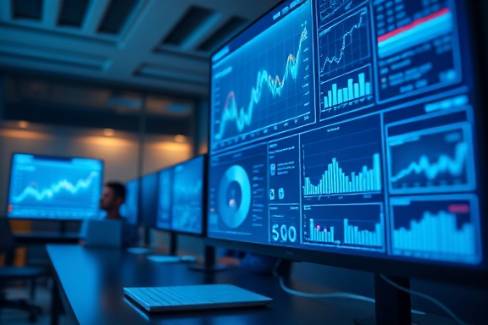 innovative online platform, creative, digital ads being optimized, photorealistic, sleek modern office environment with multiple screens, highly detailed, animated graphs and charts, macro lens, cool blue tones, soft ambient light