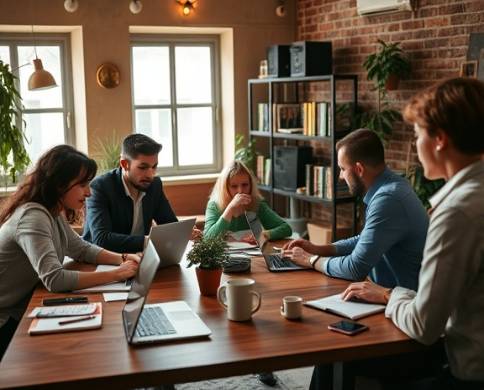 targeted audience, engaging, online advertising being strategized, photorealistic, cozy coworking space with brainstorming team, highly detailed, laptops and digital devices active, standard lens, warm earth colors, diffused light