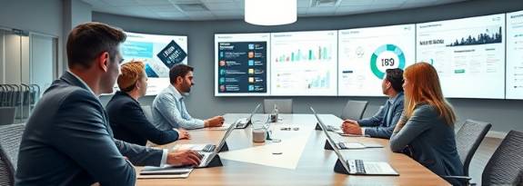 business meeting, determined, paid marketing campaigns being discussed, photorealistic, corporate boardroom with large wall displays, highly detailed, focus on marketing materials, telephoto lens, neutral tones, bright overhead lighting