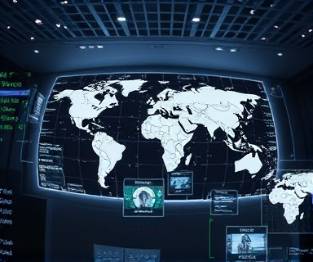 global market reach, dynamic, traffic generation strategies being analyzed, photorealistic, sophisticated high-tech control room with world map, highly detailed, data streams flowing, fisheye lens, monochrome elements, low-key lighting