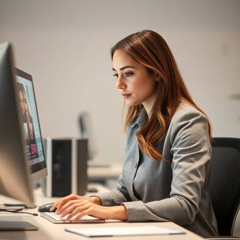Female business owner reviews digital ad on her computer display.