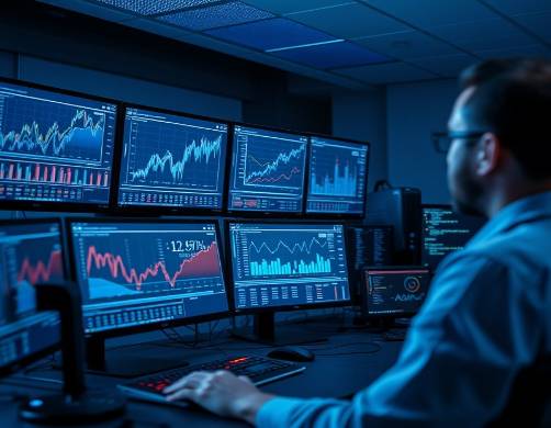 Photorealistic tech lab showcasing analytical reputation analytics on multiple screens.