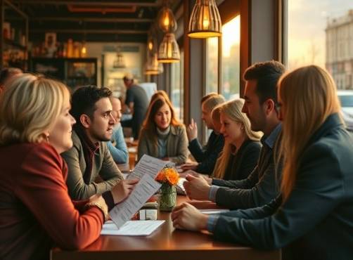 interactive reputation feedback, engaged, discussing feedback forms with a client, photorealistic, cozy café setting with an urban view, highly detailed, diverse group of people, shutter speed 1/125s, warm colors, golden hour sunlight, shot with an 85mm lens.